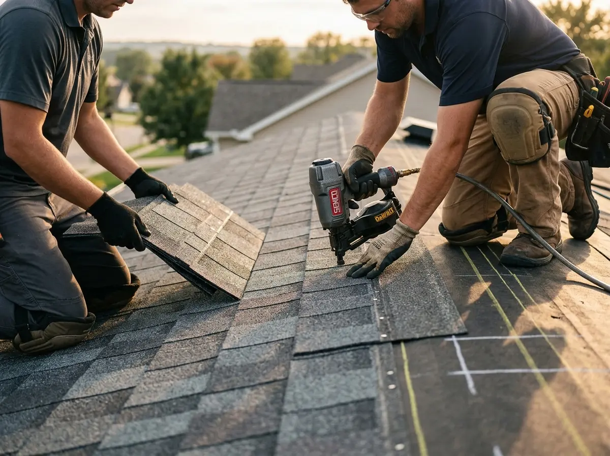 Professional roofer working on a residential roof in Prospect Heights